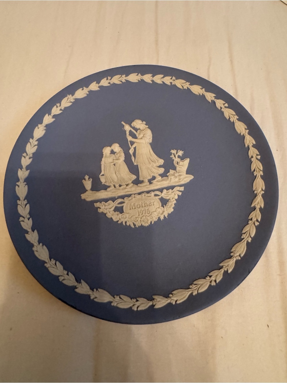 Wedgwood Blue and Beige Jasperware Round Plaque with Laurel Border